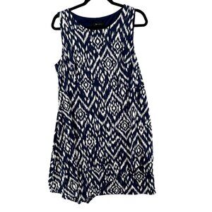 AB Studio Ikat Mini Dress Blue White Sleeveless Lined Stretch Pullover Size L